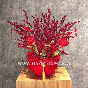 CHẬU ĐÀO ĐÔNG TẾT (hoa giả, trang trí LUXURY vải đỏ) | Happy Flower