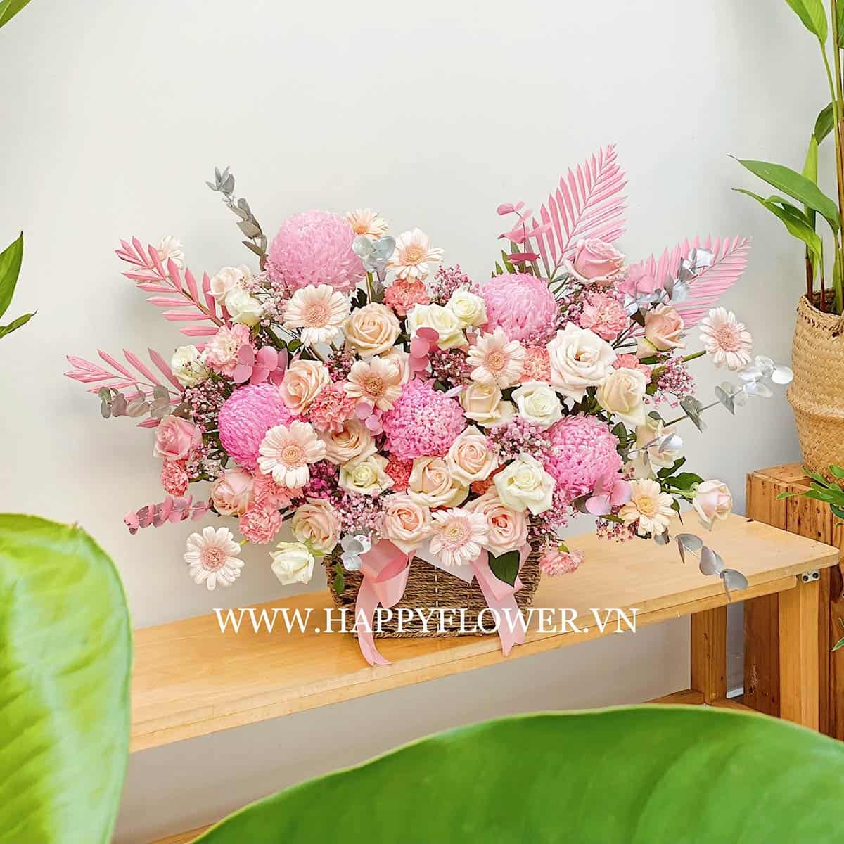 Giỏ Mây Cúc Mẫu Đơn Mix Pastel & Pink Leaf | Happy Flower