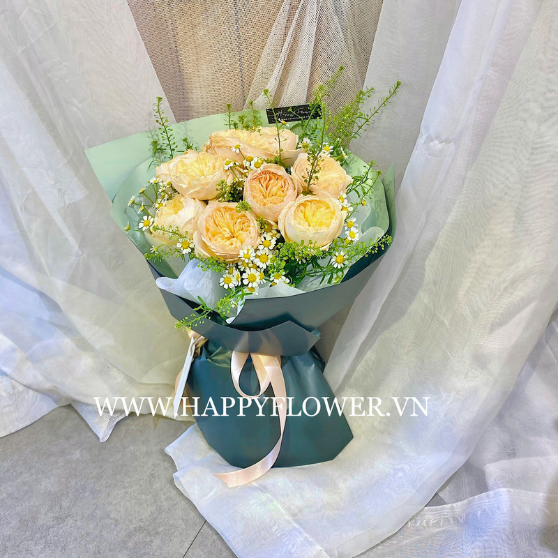 Bó hoa cưới màu cam hoa Juliet cam mix hoa cúc trắng