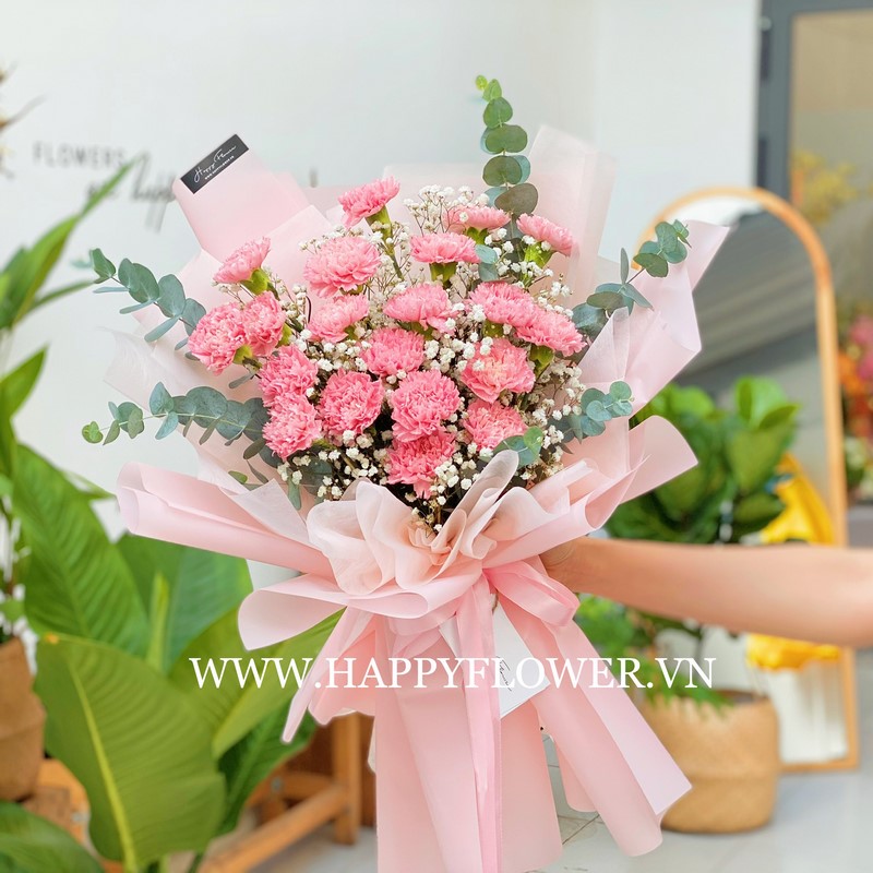 bó hoa cẩm chướng giấy gói hồng