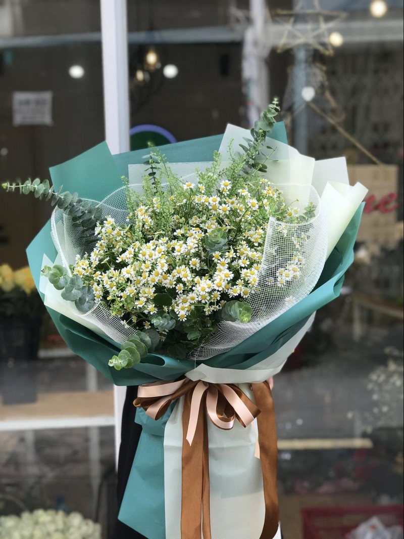 bó hoa cúc tana giấy gói xanh tặng sinh nhật tháng 1